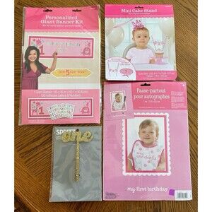 New Baby Girl 1st Birthday Decoration Pink & Gold DIY Banner Cake Stand Topper